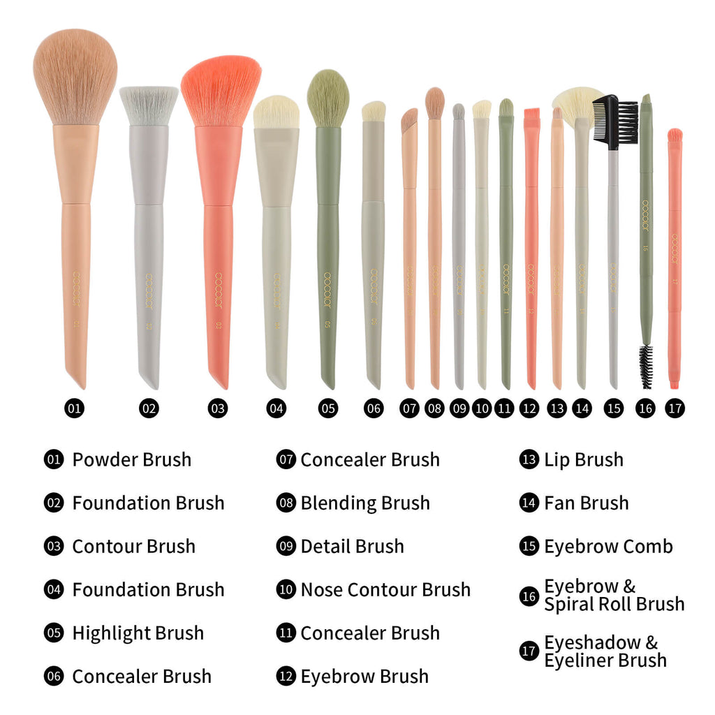 Este juego de brochas de maquillaje Docolor Morandi incluye 17 brochas, brocha para base, brocha kabuki, brocha para polvos, brochas para mezclar, brochas para sombras de ojos, brochas para cejas, esponjas de maquillaje, bolsa de maquillaje.