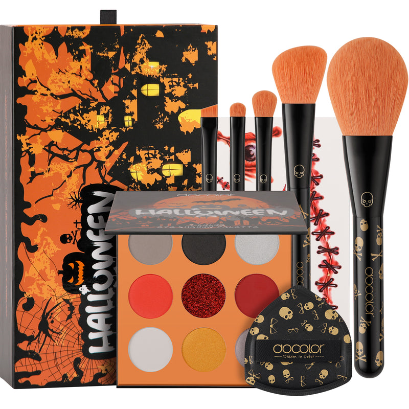 Kit de maquillaje de Halloween con 5 pinceles, paleta de sombras de ojos temática, esponjas de maquillaje y 3 tatuajes de cicatrices.