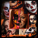 Kit de maquillaje de Halloween con 5 pinceles, paleta de sombras de ojos temática, esponjas de maquillaje y 3 tatuajes de cicatrices.