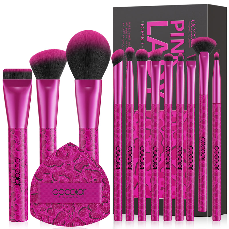 Set de 12 brochas de maquillaje Pink Leopard con 1 borla para polvos