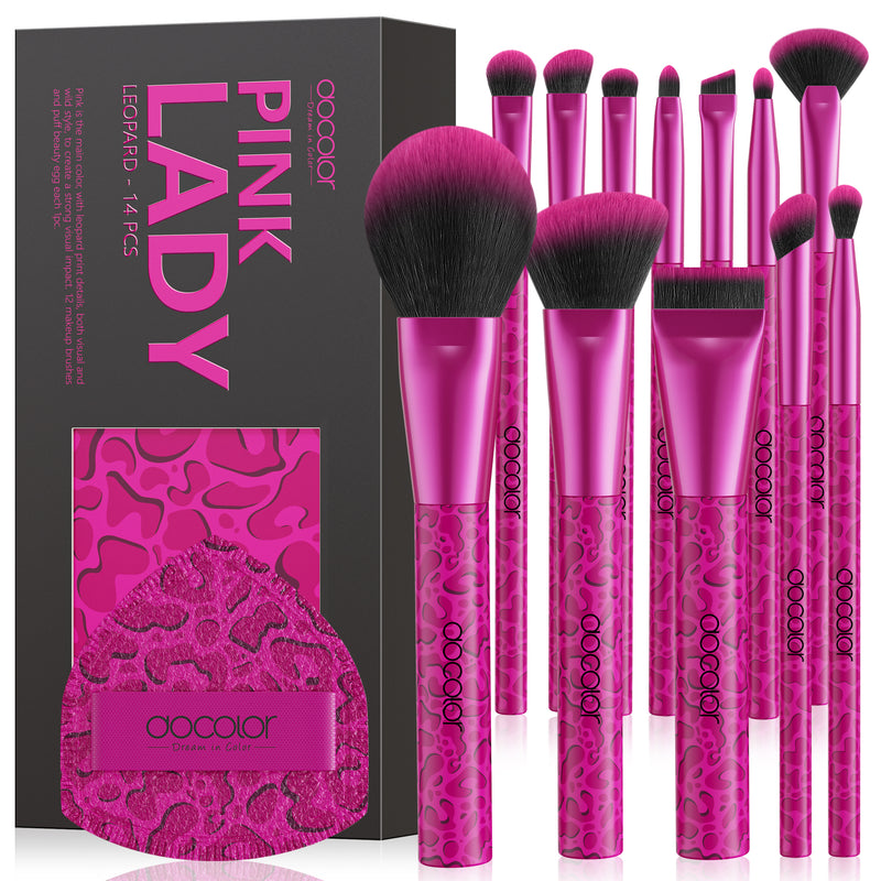 Set de 12 brochas de maquillaje Pink Leopard con 1 borla para polvos